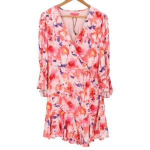 Betsey Johnson Sunset Floral Ruffled Wrap Dress Womens Size 4 Pink Watercolor